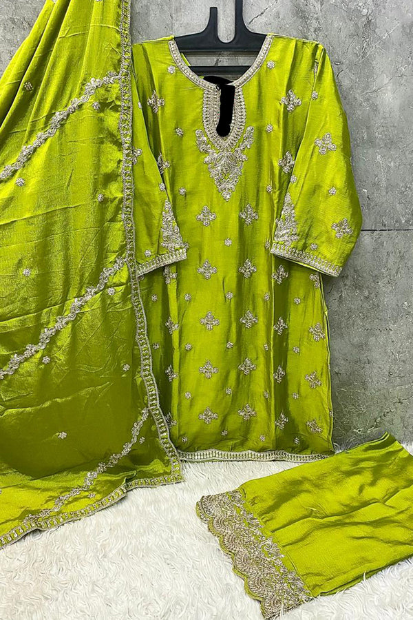 Readymade Chinon Parrot Green Salwar Kameez With Golden Thread Embroidery & Elegant Dupatta