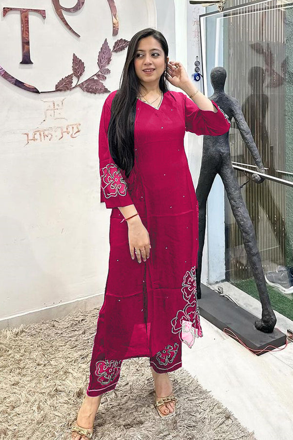 Stylish Dark Pink Ready-Made Crystal Viscose Fabric Pakistani Salwar Kameez with Heavy Organza Dupatta Work