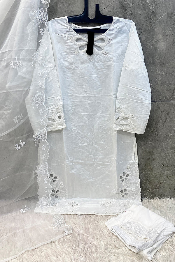 Full Stitched Viscose Silk Fabric Pakistani Salwar Kameez White Cut Work & Organza Dupatta
