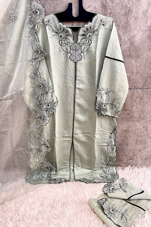 Ready to Wear Light Pista Embroidered Pakistani Salwar Suit With Crystal Viscose & Organza Dupatta