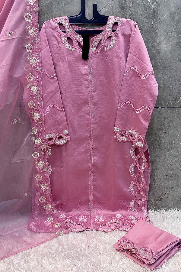 Full Stitched Crystal Viscose Cut Work Pink Pakistani Salwar Kameez With Organza Dupatta