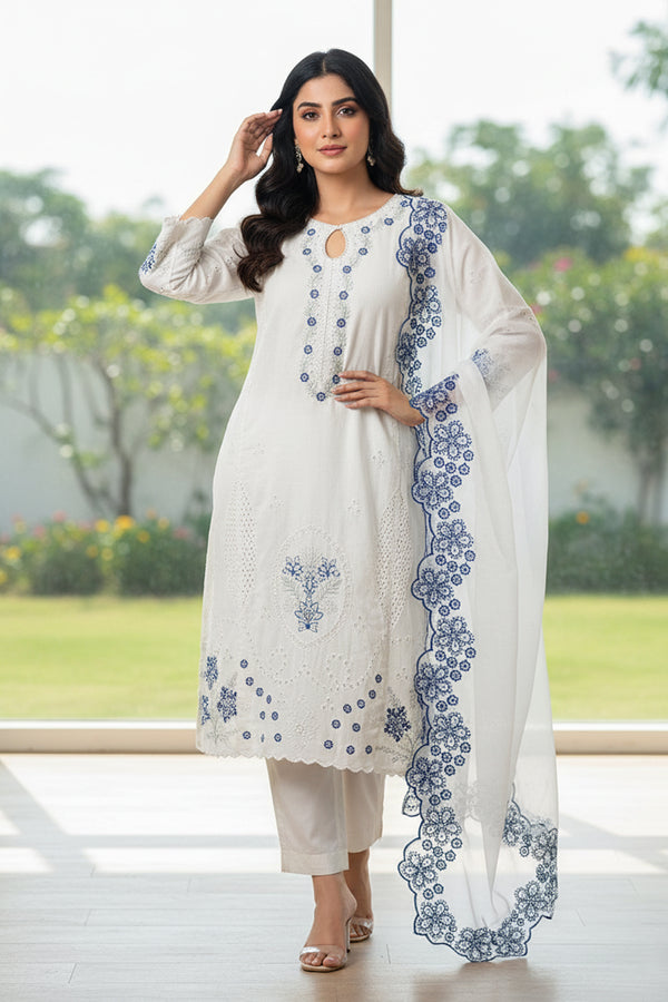 Readymade Designer Crystal Viscose Pakistani Salwar Kameez White & Organza Dupatta