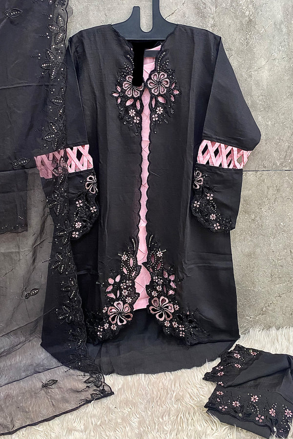 Full Stitched Black & Pink Embroidered Pakistani Salwar Kameez in Crystal Viscous With Heavy Organza Dupatta