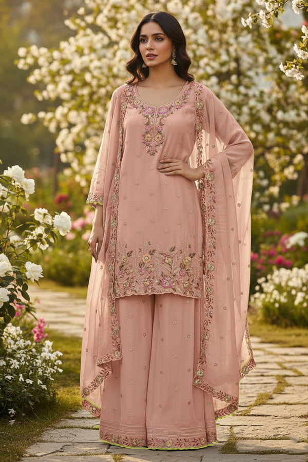 Full Stitched Palazzo Heavy Chiffon Peach Pakistani Salwar Kameez With Chiffon Dupatta