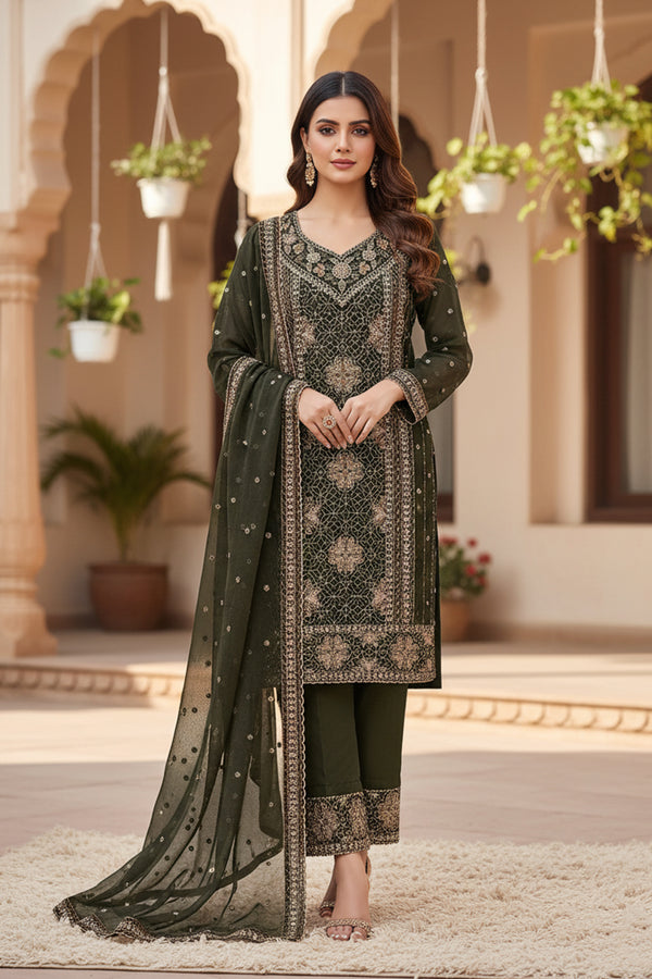 Readymade Luxury Mehndi Georgette Pakistani Salwar Kameez Embroidered Suit With Georgette Dupatta