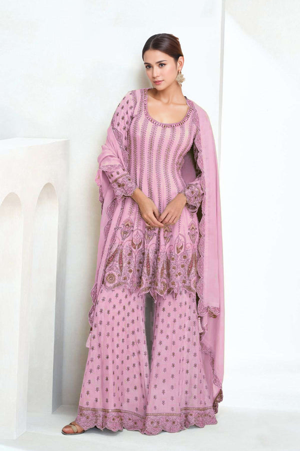 Readymade Pink Embroidered Pakistani Style Salwar Suit With Palazzo Pants & Dupatta Work