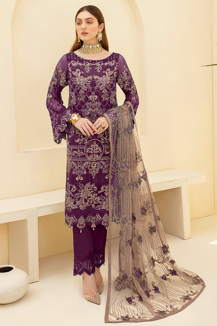 Awesome Wine Pakistani Style Salwar Kameez With Contrast Heavy Net Dupatta Work