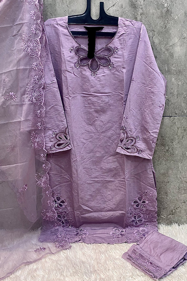 Full Stitched Viscose Silk Fabric Pakistani Salwar Kameez Lavender Cut Work & Organza Dupatta