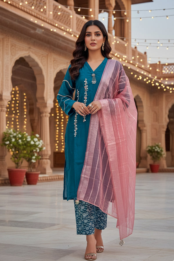 Ready To Wear Heavy Organza Teal Blue Pakistani Tunic Style With Organza Contrast Dupatta