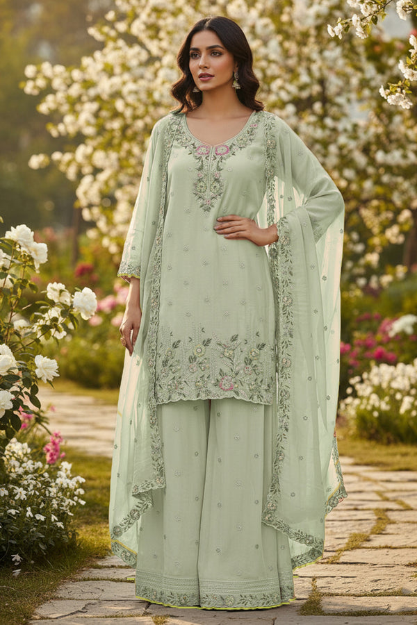 Full Stitched Palazzo Heavy Chiffon Pista Pakistani Salwar Kameez With Chiffon Dupatta