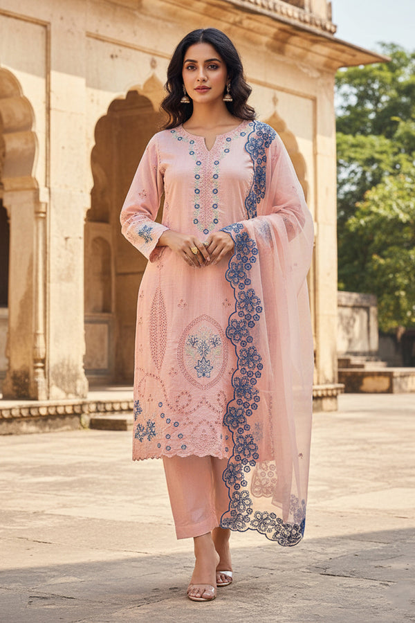Readymade Designer Crystal Viscose Pakistani Salwar Kameez Light Peach & Organza Dupatta