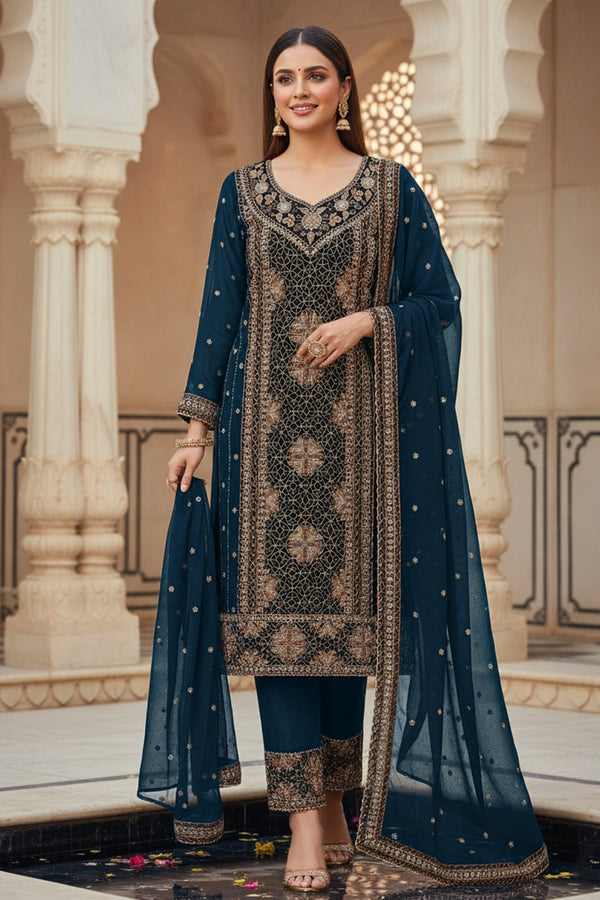Readymade Luxury Navy Blue Georgette Pakistani Salwar Kameez Embroidered Suit With Georgette Dupatta