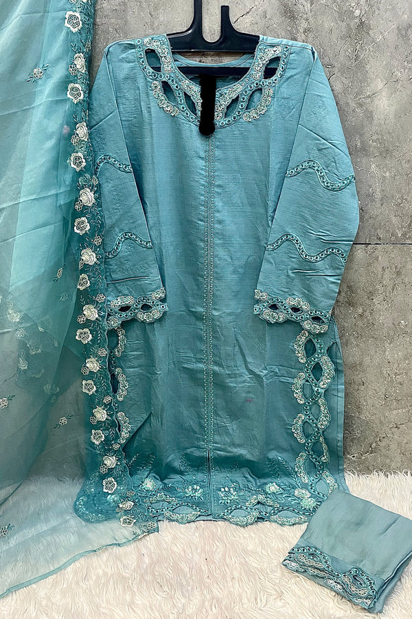 Full Stitched Crystal Viscose Cut Work Teal Blue Pakistani Salwar Kameez With Organza Dupatta