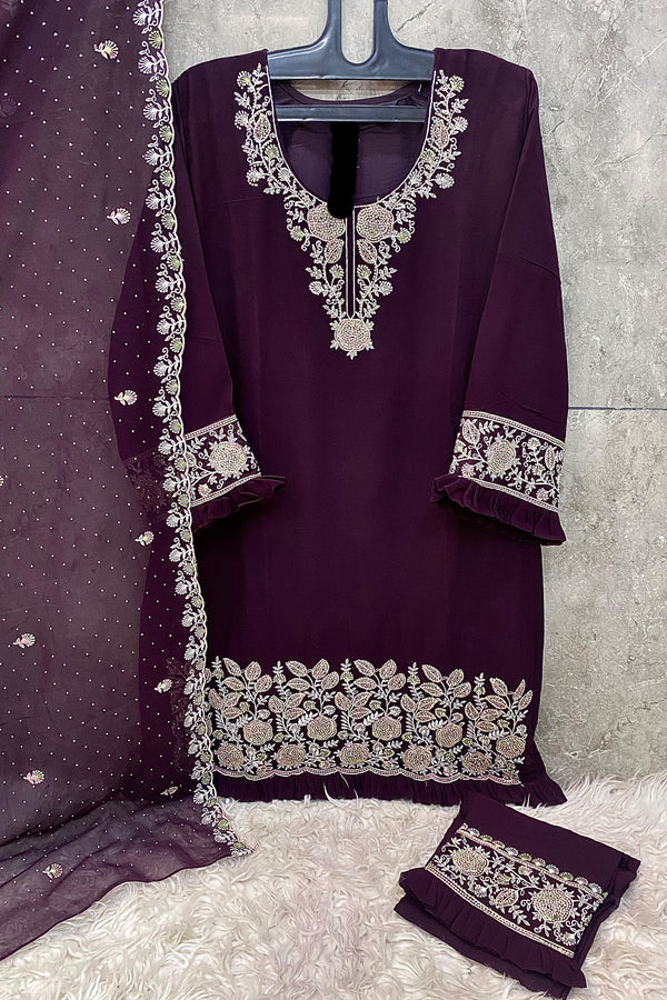 Readymade Wine Pakistani Georgette Salwar Kameez With Georgette Dupatta