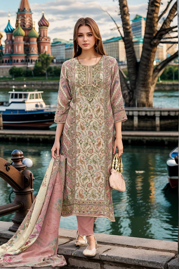 Baby Pink Muslin Multi Printed Mirror Work Pakistani Salwar Suit With Printed Dupatta Work