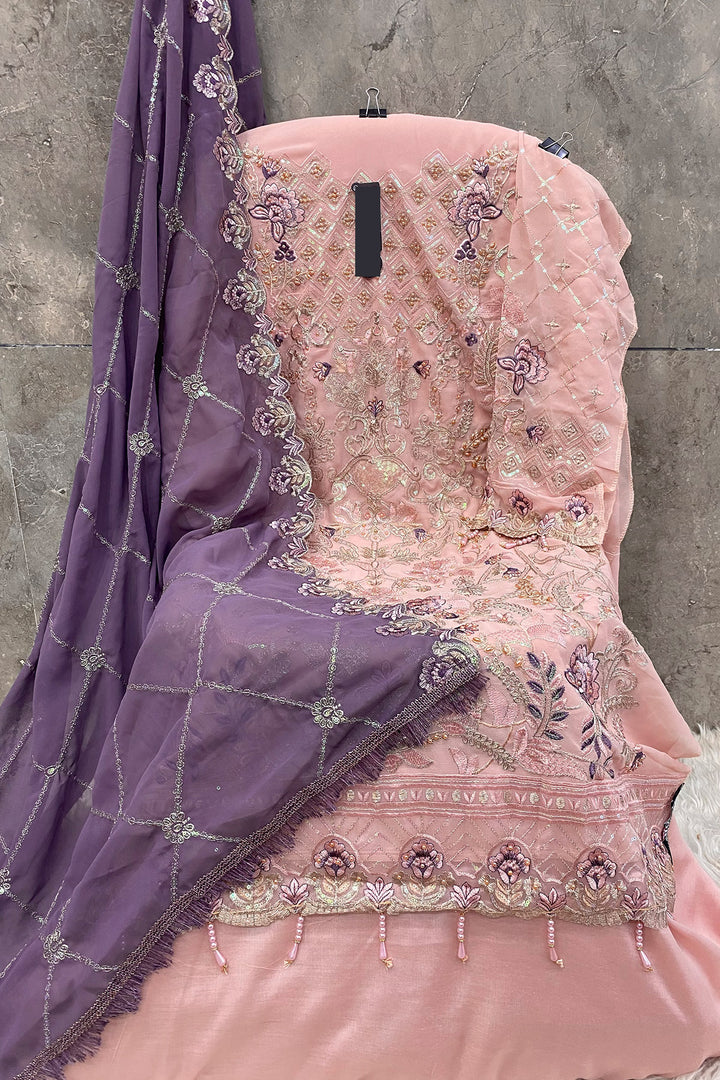 Baby Pink Pakistani Salwar Kameez With Beautiful Contrast Light Purple Dupatta Work-3