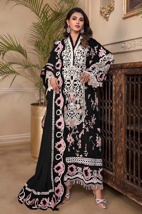 Black Color Pakistani Salwar Kameez With Heavy Embroidery & Frill Work Dupatta 7