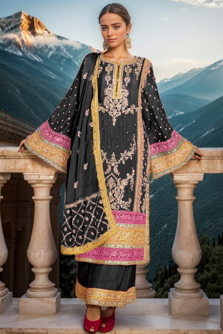 Black Embroidered Wedding Wear Pakistani Palazzo Salwar Kameez With Attractive Dupatta-1