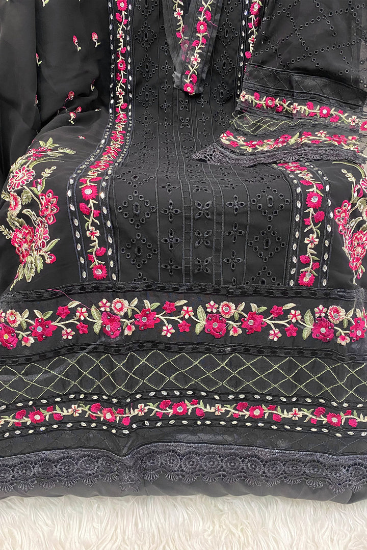 Black Real Diamond & Mirror Work Pakistani Salwar Kameez With Embroidered Dupatta 1
