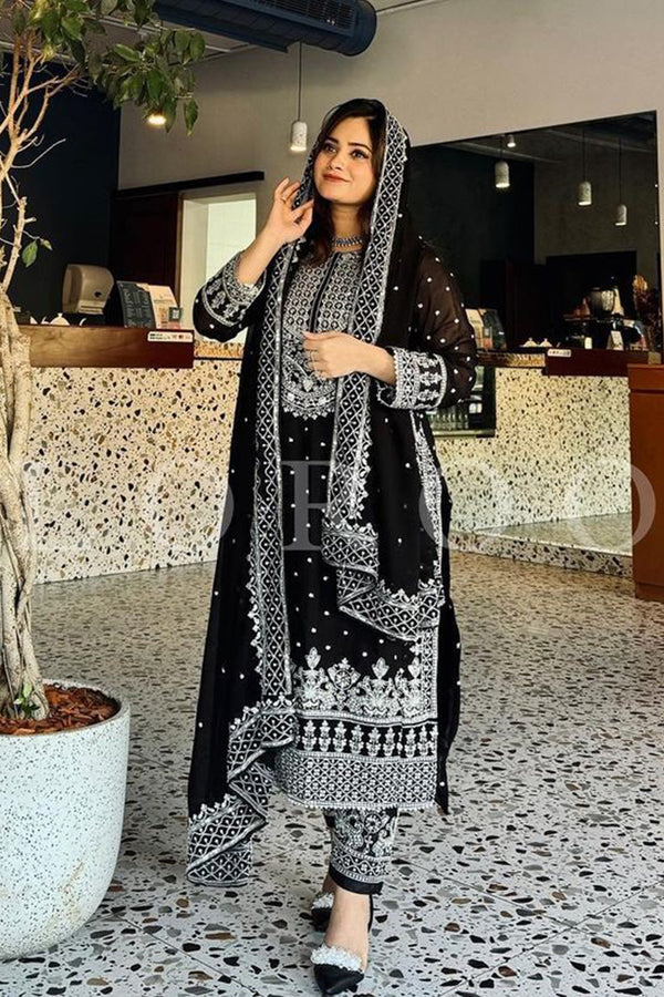 Black & Silver Front & Back Work Pakistani Salwar Kameez With Beautiful Embroidery Dupatta Work-1