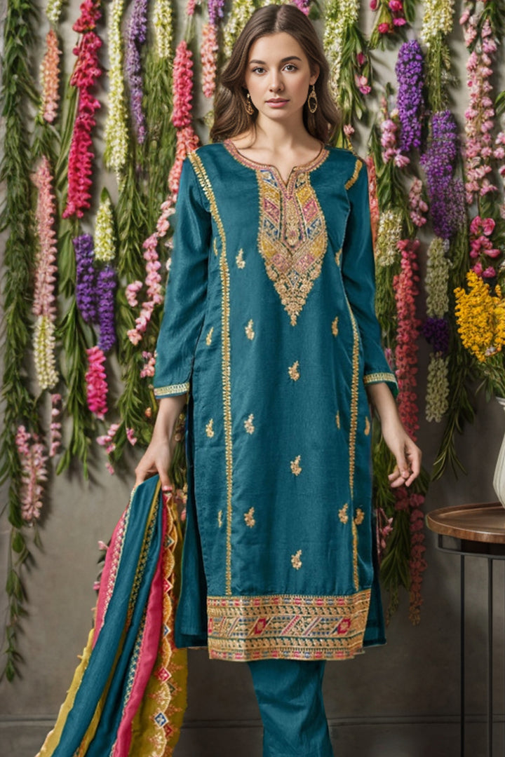 Bridal Wear Rama Pakistani Salwar Kameez With Multicolor Dupatta Work-3