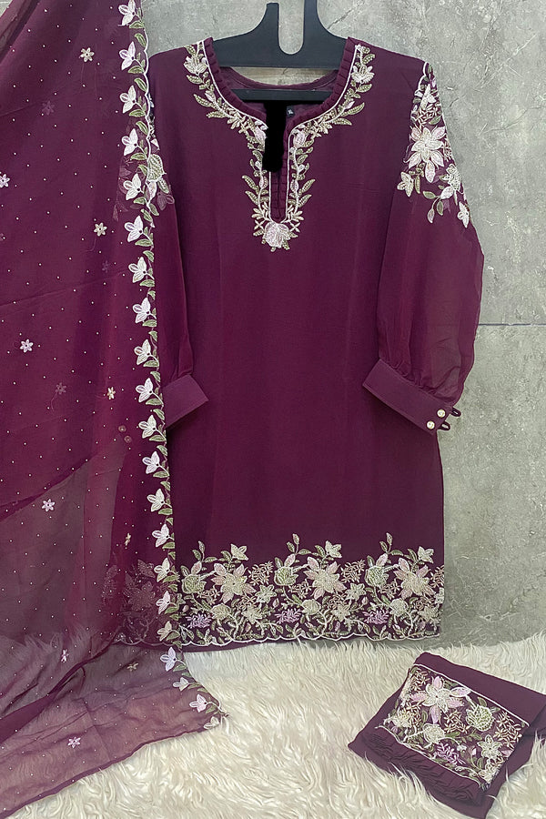 Ready To Wear Wine Georgette Embroidered Pakistani Salwar Kameez With Fancy Dupatta