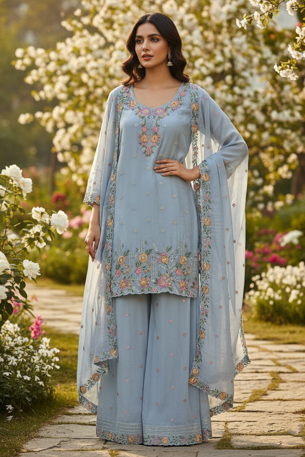 Full Stitched Palazzo Heavy Chiffon Ice Blue Pakistani Salwar Kameez With Chiffon Dupatta