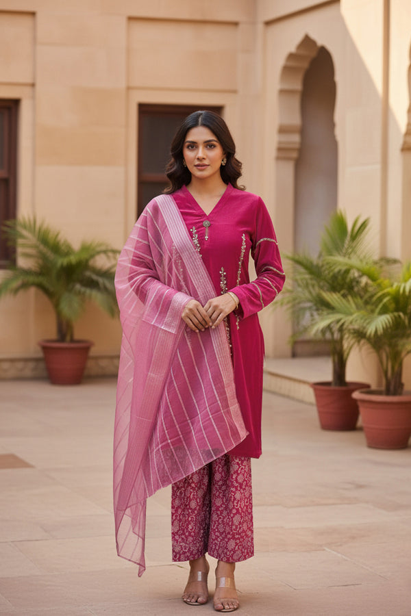 Ready To Wear Heavy Organza Rani Pink Pakistani Tunic Style With Organza Contrast Dupatta