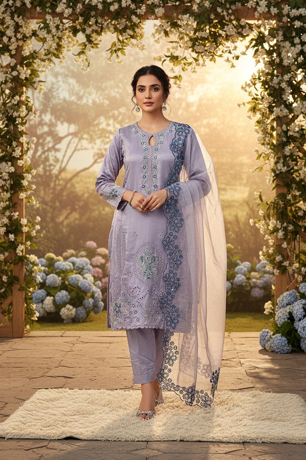 Readymade Designer Crystal Viscose Pakistani Salwar Kameez Light Purple & Organza Dupatta