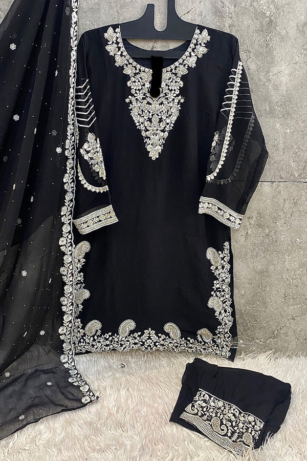 Full Stitched Pakistani Black Georgette Embroidered Salwar Kameez With Dupatta