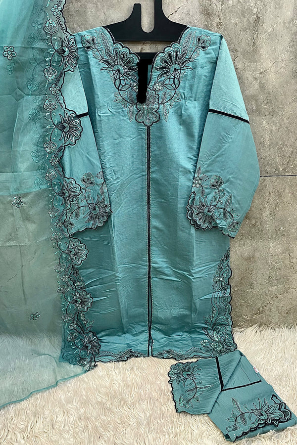 Ready to Wear Rama Embroidered Pakistani Salwar Suit With Crystal Viscose & Organza Dupatta