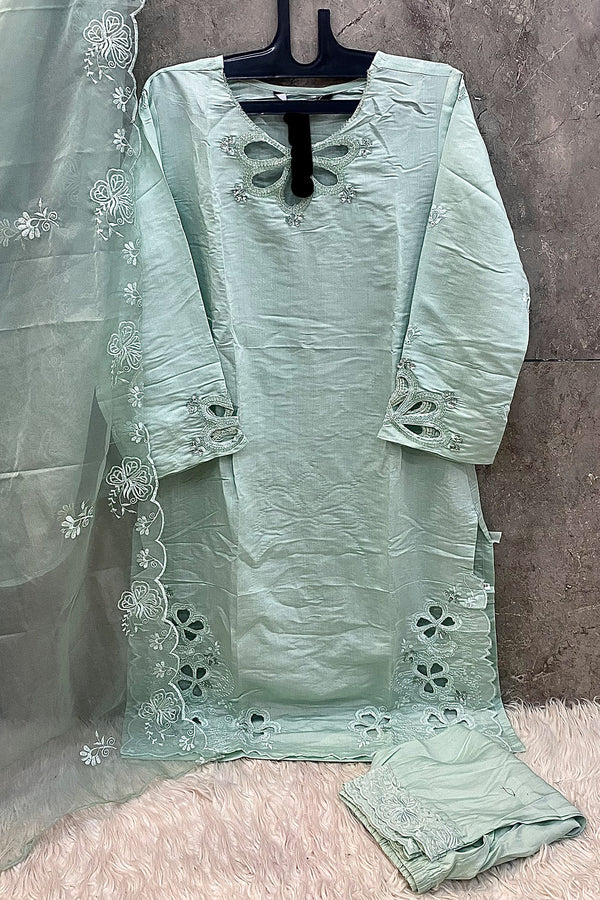 Full Stitched Viscose Silk Fabric Pakistani Salwar Kameez Mint Green Cut Work & Organza Dupatta
