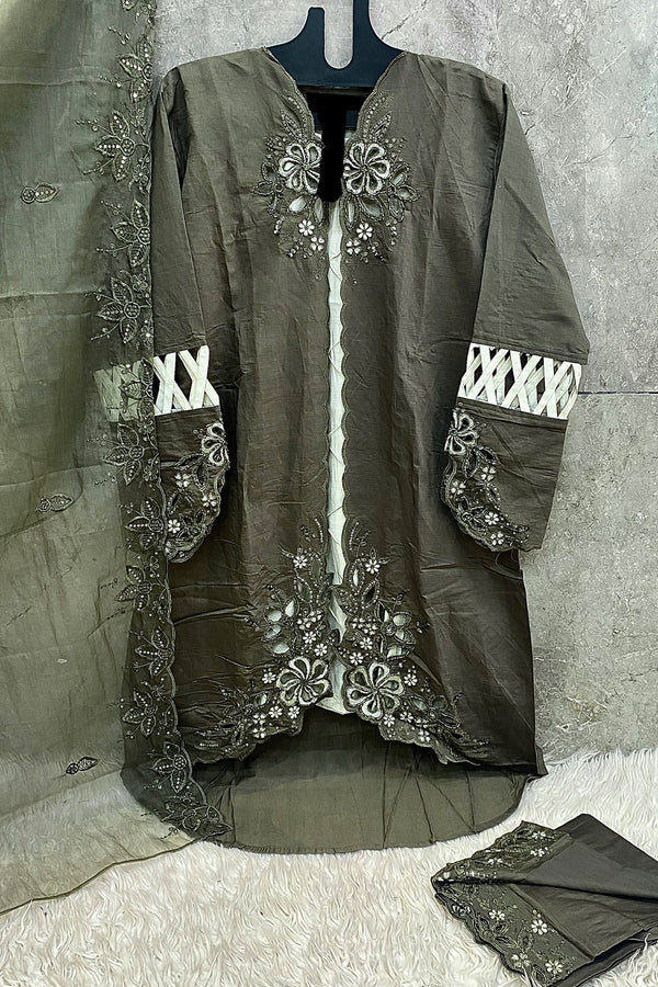 Full Stitched Green Embroidered Pakistani Salwar Kameez in Crystal Viscous With Heavy Organza Dupatta