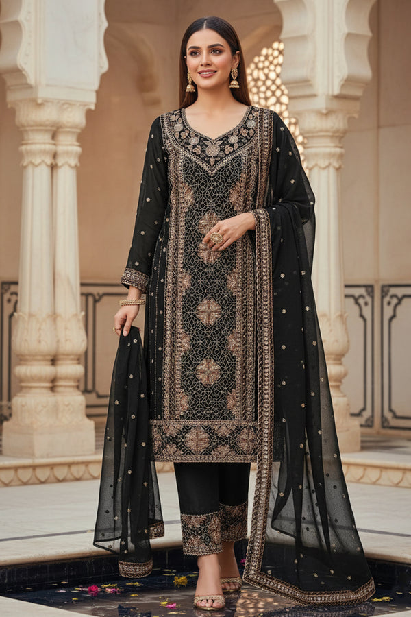 Readymade Luxury Black Georgette Pakistani Salwar Kameez Embroidered Suit With Georgette Dupatta