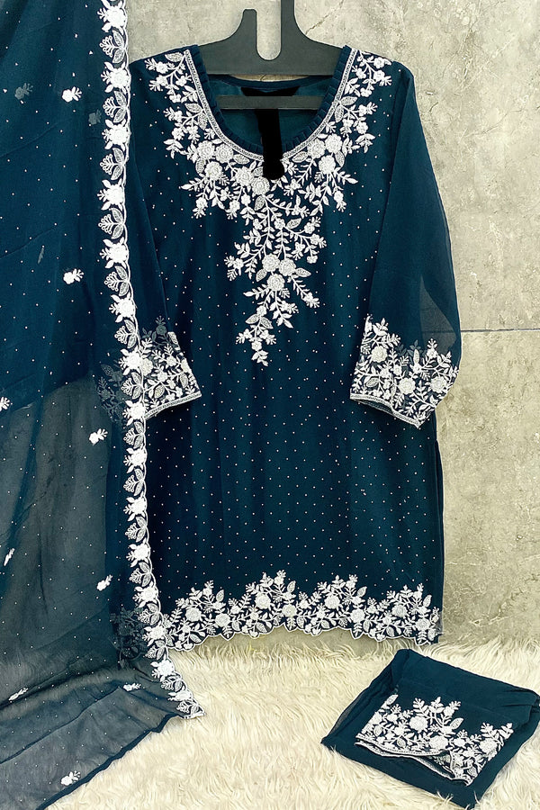 Readymade Navy Blue Chikan Georgette Embroidery Pakistani Salwar Kameez With Beautiful Dupatta