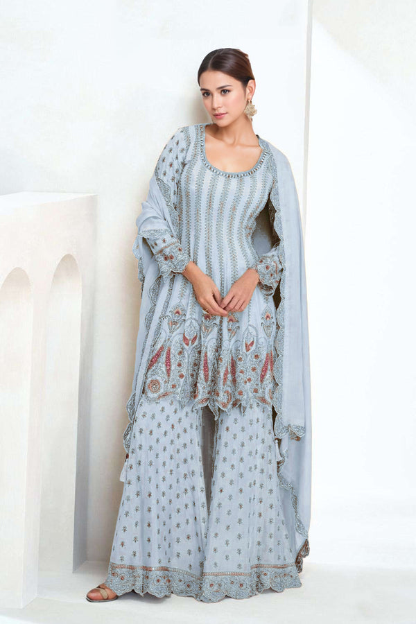 Readymade Sky Blue Embroidered Pakistani Style Salwar Suit With Palazzo Pants & Dupatta Work