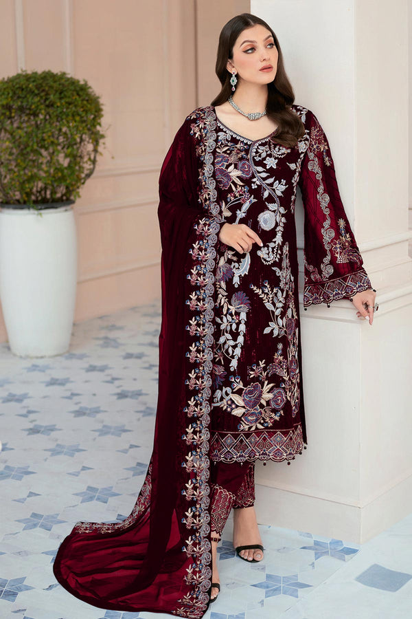 Carmine Maroon Pakistani Salwar Kameez With Dupatta Work