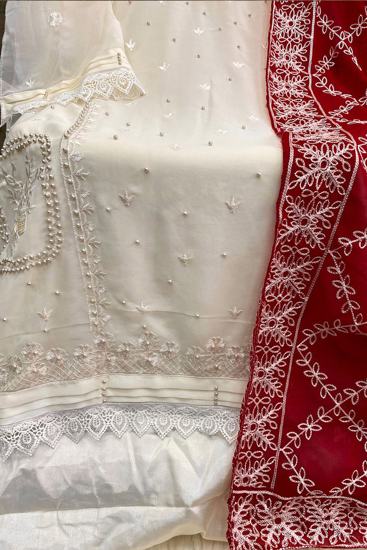 Cream White Pakistani Salwar Kameez With Heavy Contrast Dupatta Embroidery Work
