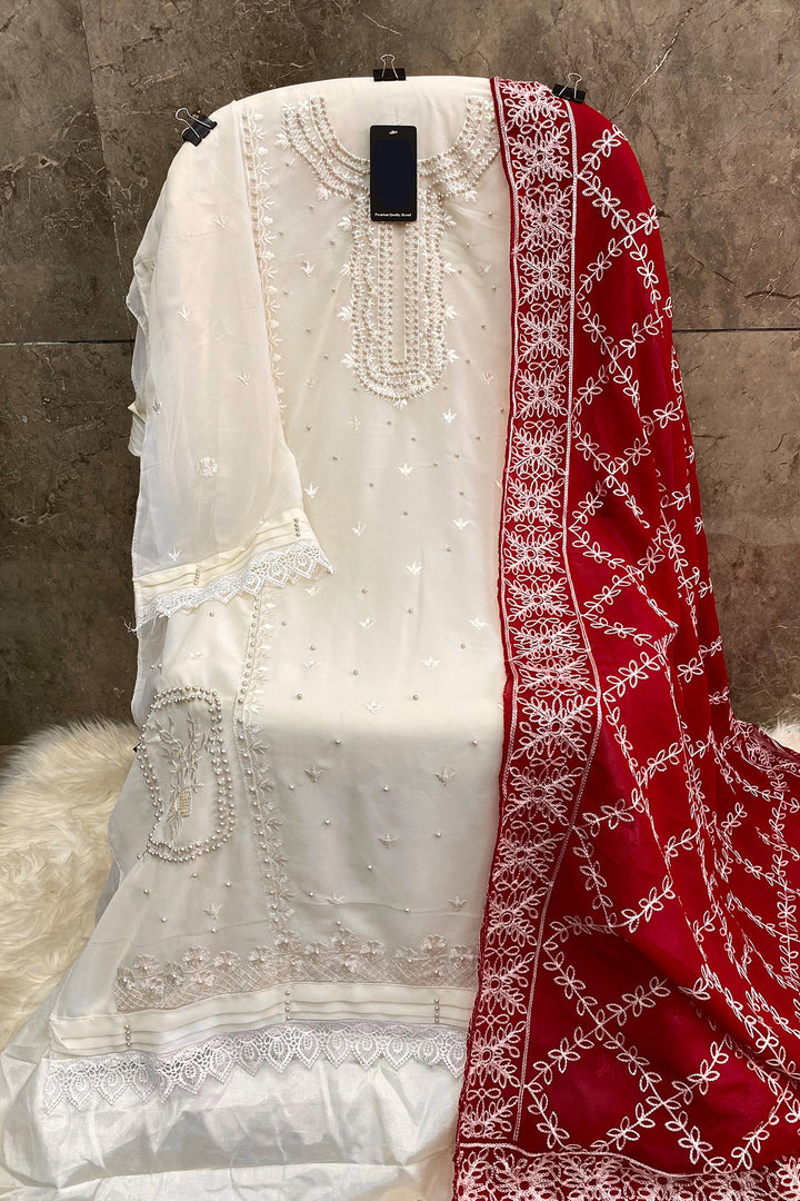Cream White Pakistani Salwar Kameez With Heavy Contrast Dupatta Embroidery Work 7