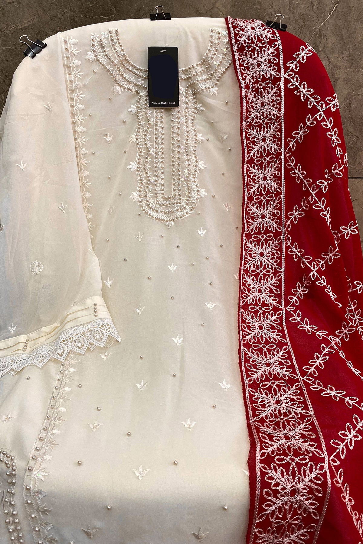 Cream White Pakistani Salwar Kameez With Heavy Contrast Dupatta Embroidery Work 8
