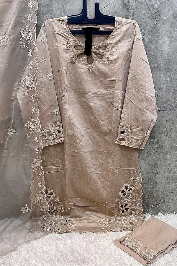 Full Stitched Viscose Silk Fabric Pakistani Salwar Kameez Chiku Cut Work & Organza Dupatta