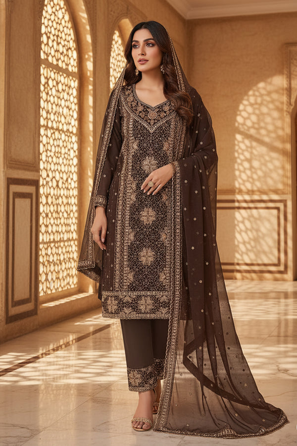 Readymade Luxury Coffy Georgette Pakistani Salwar Kameez Embroidered Suit With Georgette Dupatta