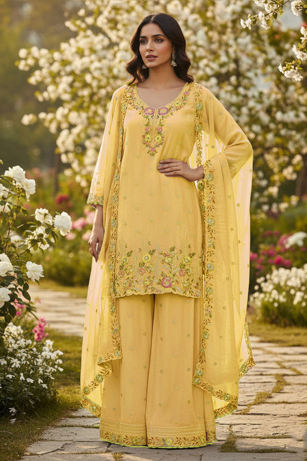 Full Stitched Palazzo Heavy Chiffon Yellow Pakistani Salwar Kameez With Chiffon Dupatta