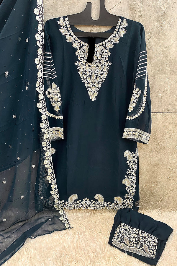 Full Stitched Pakistani Navy Blue Georgette Embroidered Salwar Kameez With Dupatta