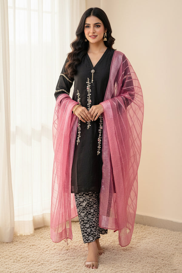 Ready To Wear Heavy Organza Black Pakistani Tunic Style With Organza Contrast Dupatta