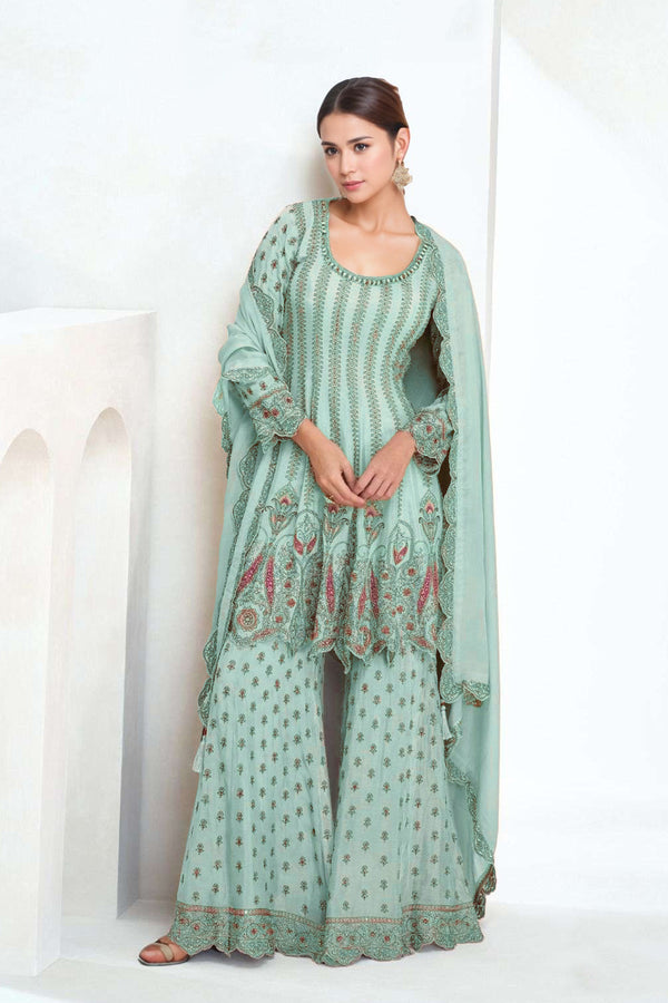 Readymade Pista Embroidered Pakistani Style Salwar Suit With Palazzo Pants & Dupatta Work
