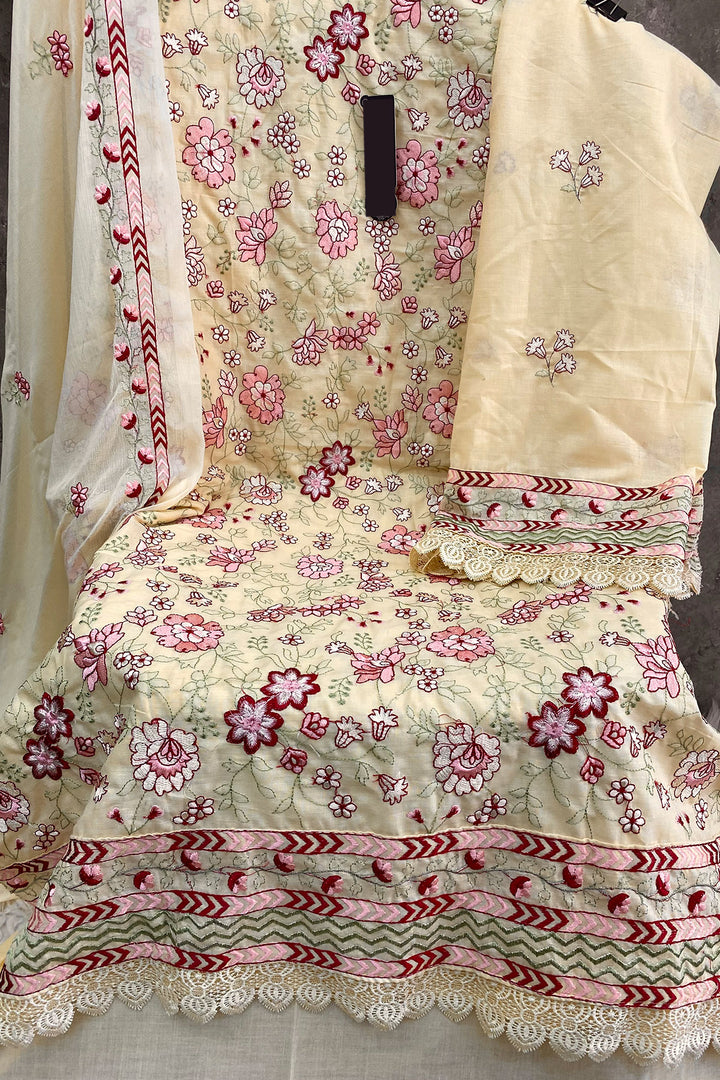 Dark Cream Pakistani Salwar Kameez Cotton Collection With Beautiful Naznin Dupatta-2