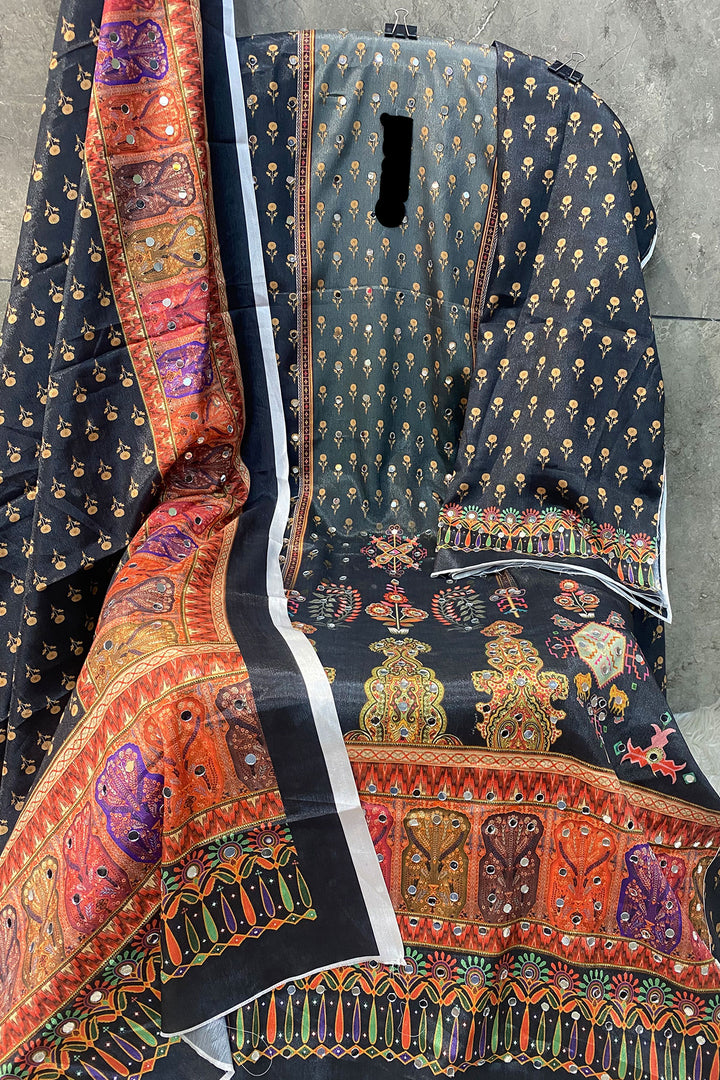 Digital Printed Pakistani Salwar Kameez Heavy Chinon Black & Multi Mirror Work With Chinon Dupatta