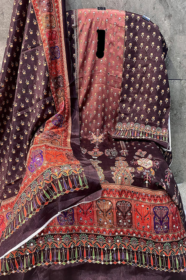 Digital Printed Pakistani Salwar Kameez Heavy Chinon Coffee & Multi Mirror Work With Chinon Dupatta
