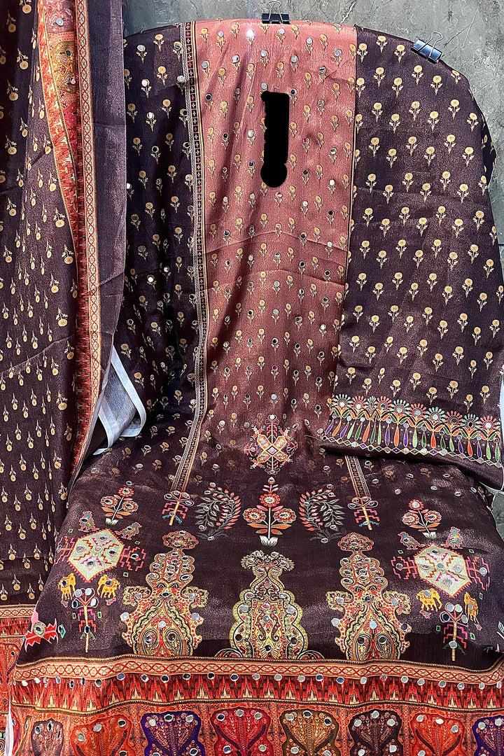 Digital Printed Pakistani Salwar Kameez Heavy Chinon Coffee & Multi Mirror Work With Chinon Dupatta 1